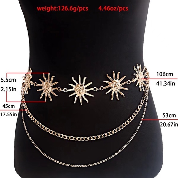 Celestial Sun Multi Layer Chain Statement Belt Metal Waist Belt Adjustable Gold - Picture 9 of 10